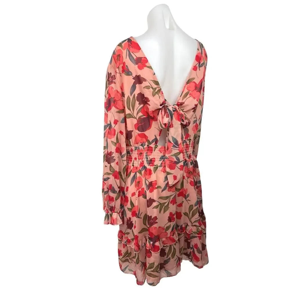 Floral Print Pink Multicolor Open Back Long Puff Sleeve Tiered Ruffle Dress XL